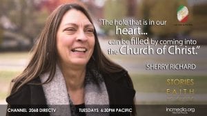 woman smiling with quoted text "the hole that is in our heart... can be filled by coming into the Church Of Christ