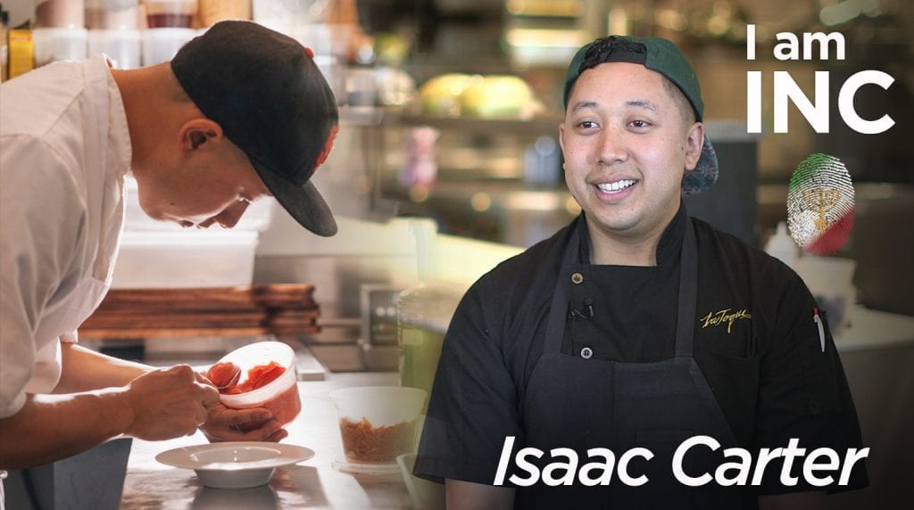 Photo collage of chef smiling and plating food with text overlay I am INC, Isaac Carter.