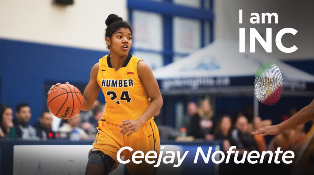 Young woman on a basketball court dribbling the ball with text overlay I am INC, Ceejay Nofuente.