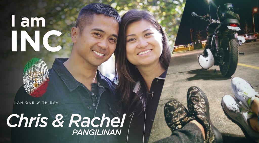 Photo collage of smiling couple and a parked motorcycle with peoples shoes next to it with text overlay of I am INC, Chris and Rachel Pangilinan