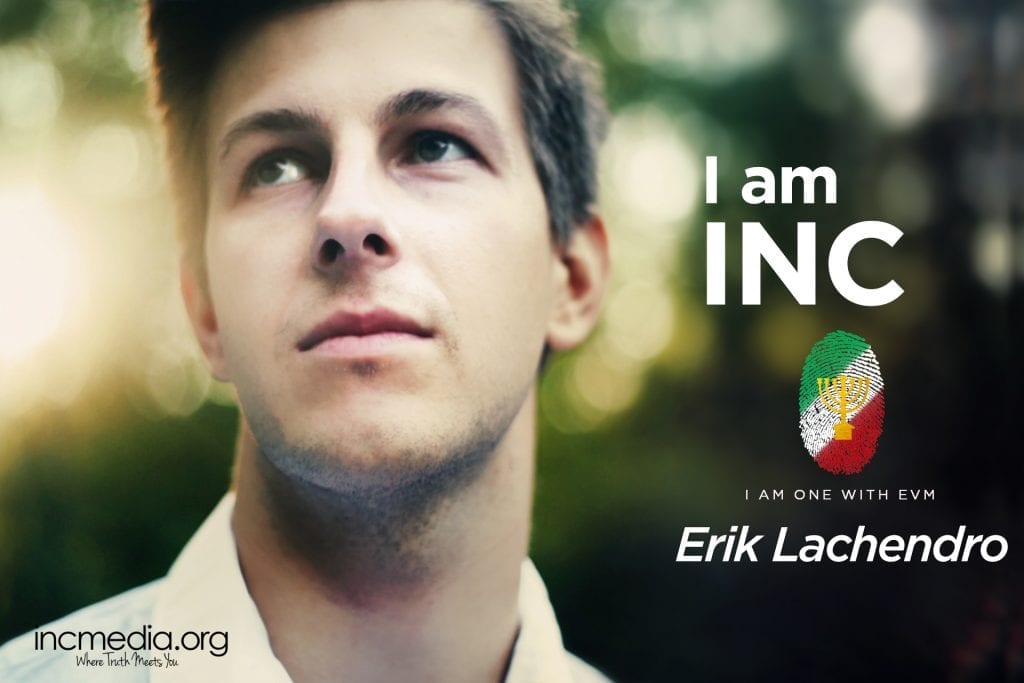 Young man pondering with trees behind him with text overlay I am INC, Erik Lachendro