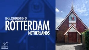 worship building with seal, blue sky and text Local Congregation of Rotterdam, Netherlands
