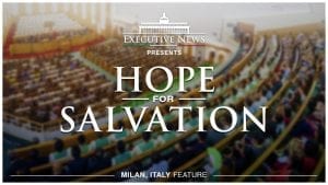 Title Text "Hope for Salvation" overlay on a photo of Milan Iglesia Ni Cristo Worship Service