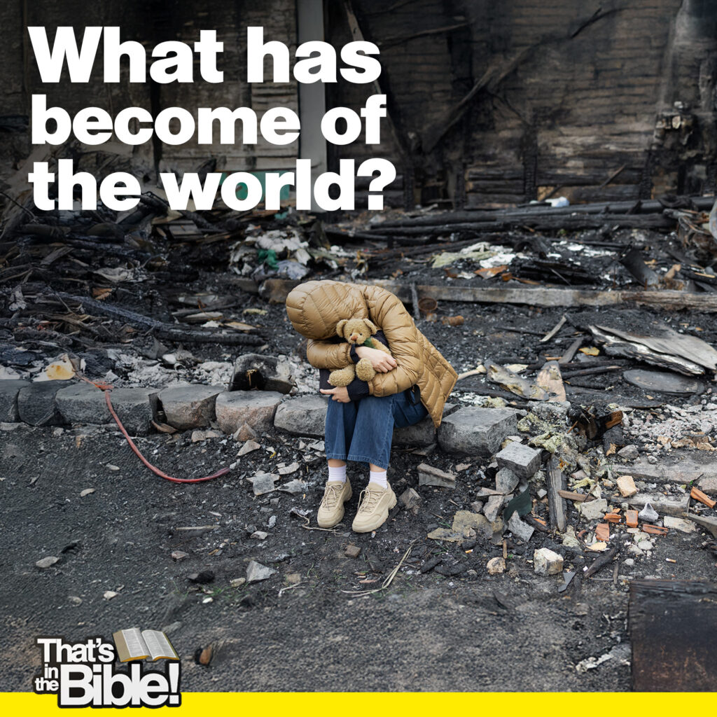 A child sits atop a pile of burnt rubble, hugging a teddy bear; text reads “What has become of the world?”