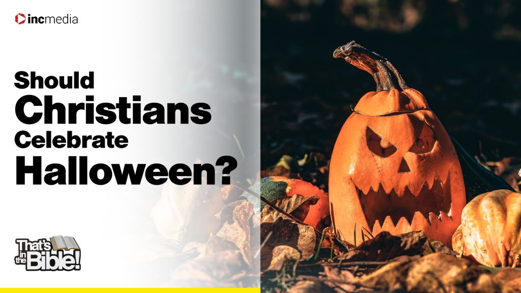 A jack-o-lantern sits in the grass; text reads "Should Christians Celebrate Halloween?"