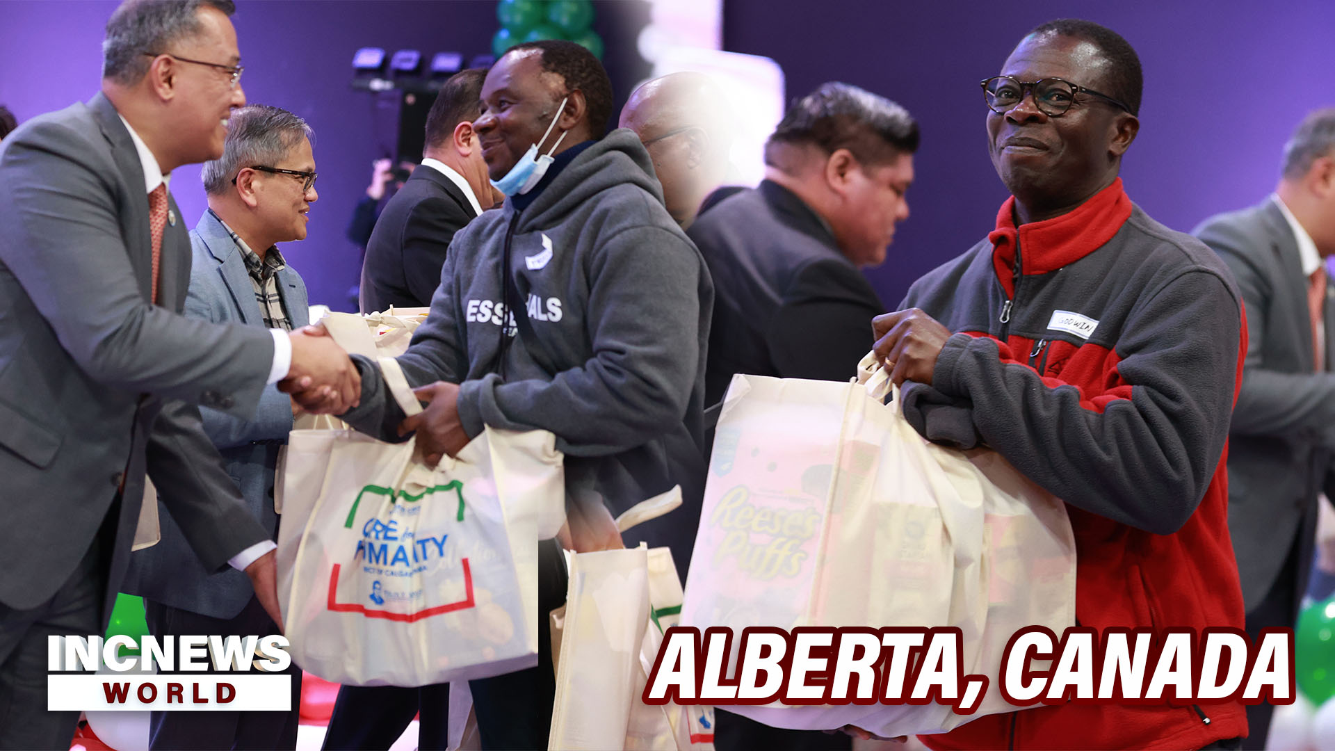 On the left, a man shakes hand with a man in a suit as he receives a care package; on the right, a man smiles holding relief goods.