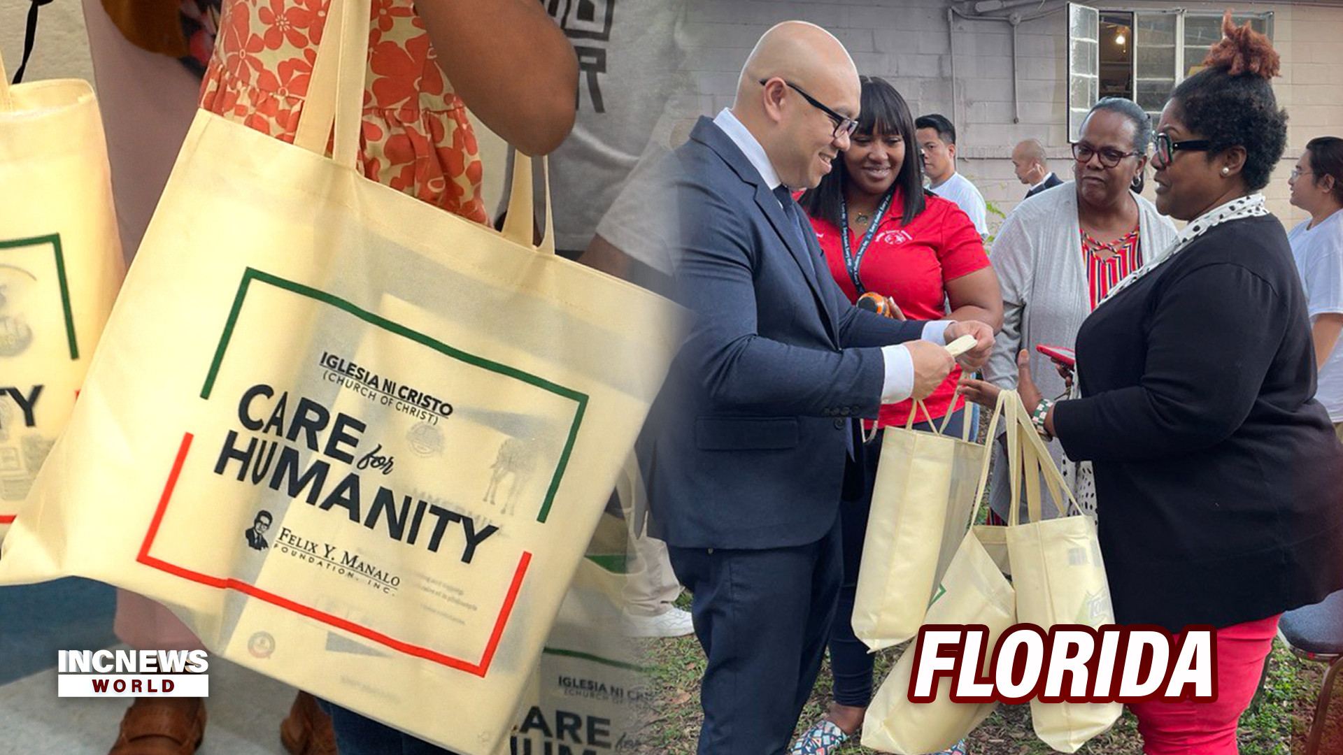 A close up of a 'Care for Humanity' bag; on the right, a woman smiles receiving a bag of goods from a man in a suit.