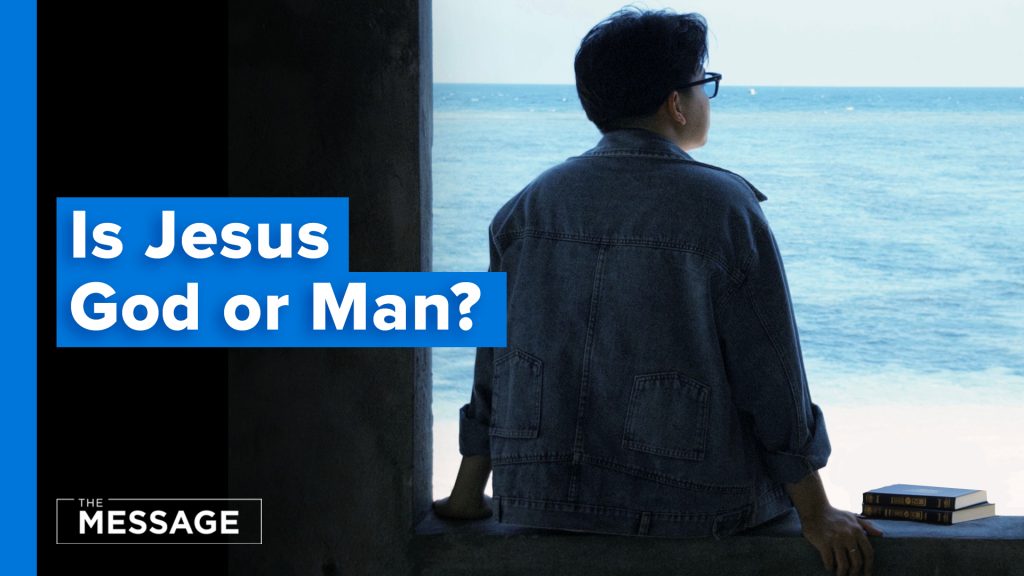Person looking out at the ocean with books nearby, featuring text overlay asking "Is Jesus God or Man?"
