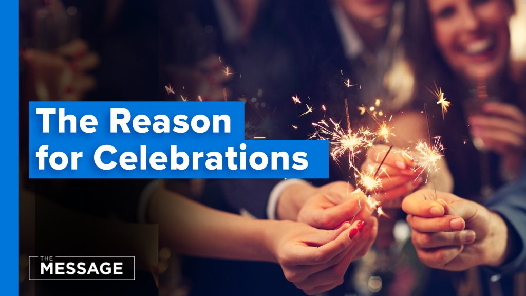 A celebratory video thumbnail showing a group of people smiling in the background while holding burning sparklers that emit bright sparks. On the left side, bold white text reads "The Reason for Celebrations" against a solid blue rectangular background. In the bottom left corner, a small dark box displays the text "THE MESSAGE".